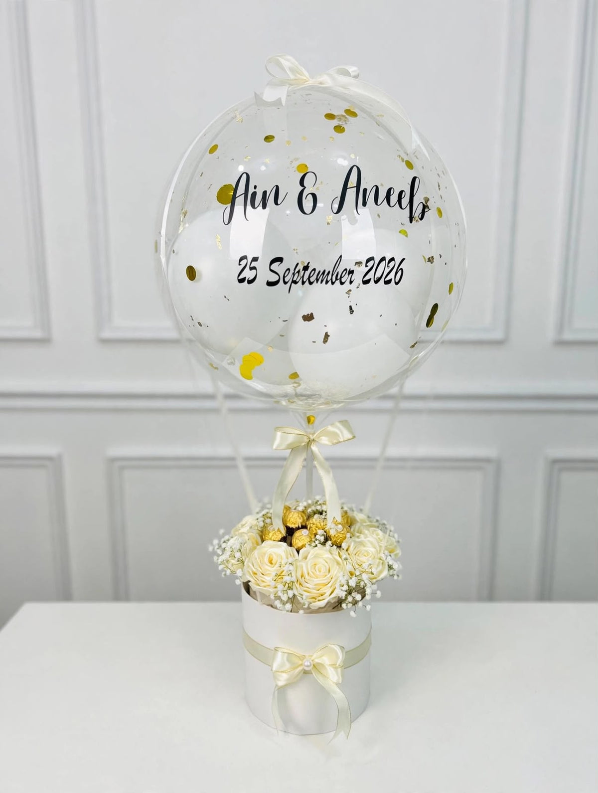 Personalized balloon with white roses and Ferrero Rocher gift box