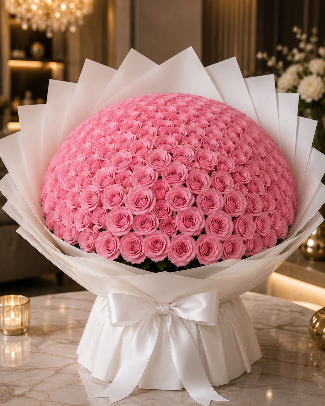 Luxury 100 Pink Imported Roses Bouquet wrapped in elegant white premium paper by Giftogram By Samana with same-day flower delivery in Karachi.