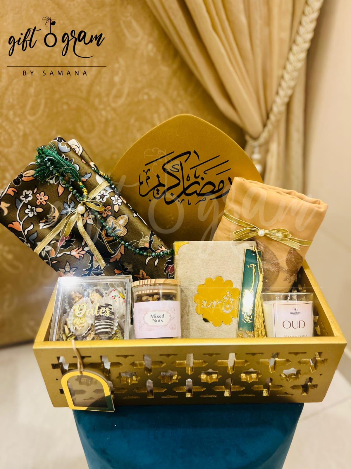 Luxury Ramadan gift box with dates, mixed nuts, dua book and premium packaging for iftar gifting by Giftogram