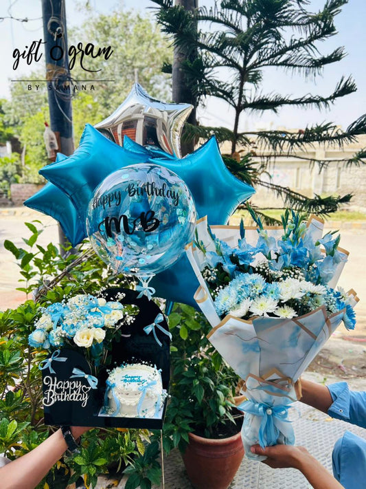 Blue Birthday Box with Cake, Flowers & Balloon Bouquet