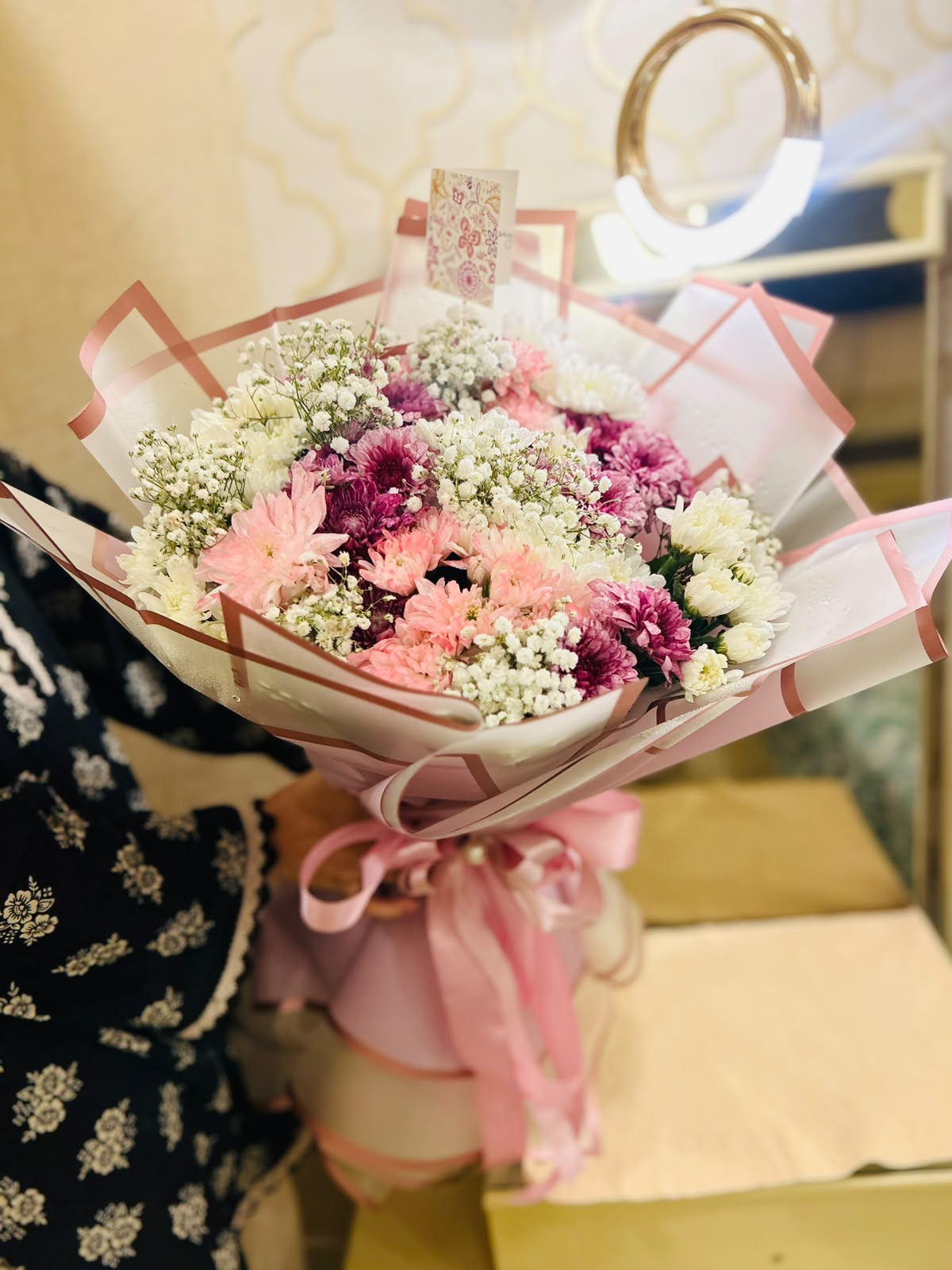 Pink & White Chrysanthemum Bouquet with Baby's Breath