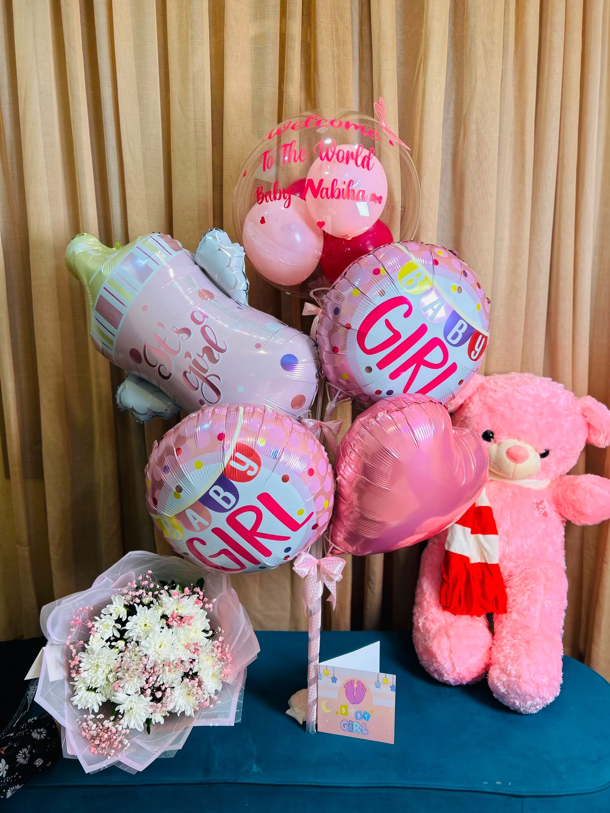 Baby Girl Welcome Gift Set with Balloons, Flowers & Teddy