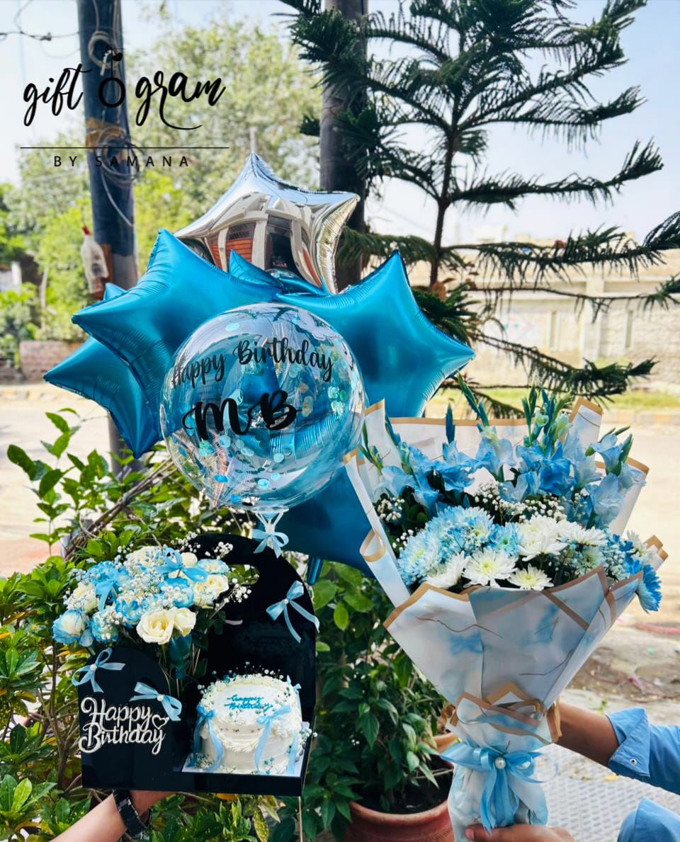 Blue Birthday Box with Cake, Flowers & Balloon Bouquet