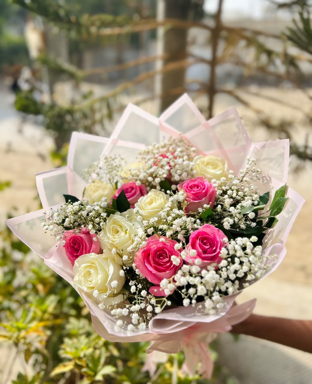 Love in Bloom bouquet with 10 imported roses and Baby’s Breath