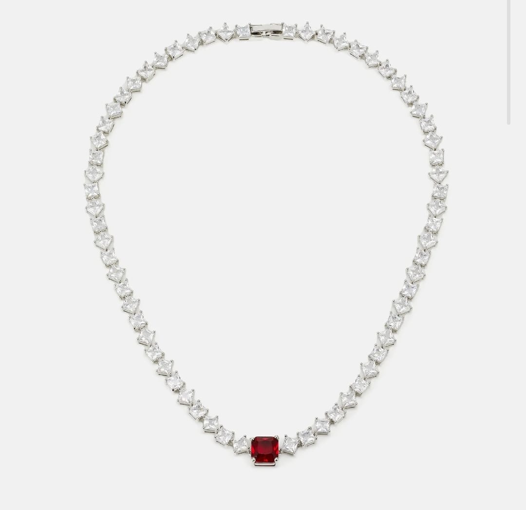 ALDO silver-tone crystal necklace with red rectangular center stone