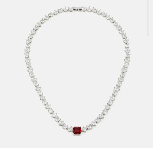 ALDO silver-tone crystal necklace with red rectangular center stone