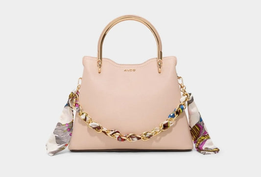 ALDO beige shoulder bag with gold hardware and decorative scarf