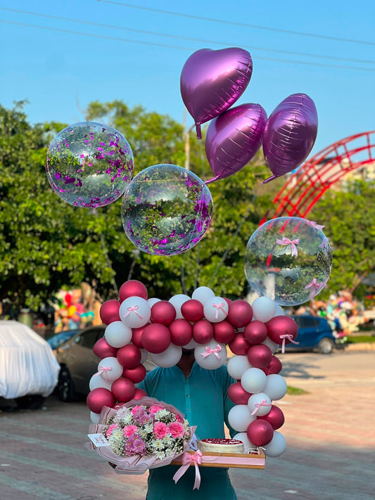 Birthday Celebration Basket with cake flowers and balloons