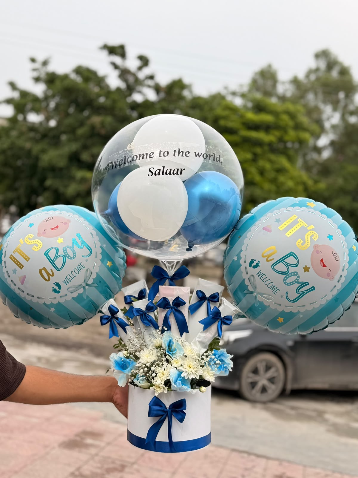 Welcome Baby Boy Balloon Gift Box with Flowers and Chocolates in Islamabad by Giftogram By Samana