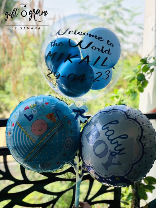 Welcome baby boy balloon bunch with personalized name and date in blue theme – newborn balloon gift in Karachi Pakistan