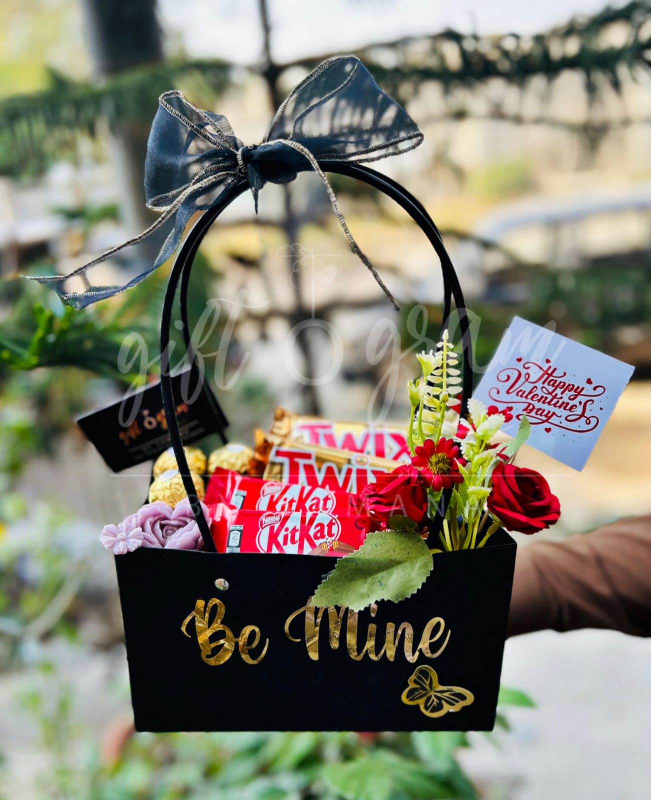 Be Mine chocolate and flower valentine gift basket