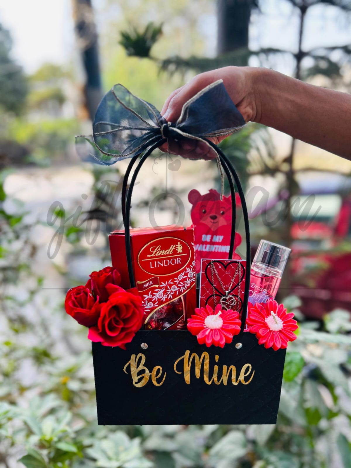 Be mine valentine gift bag with chocolates, roses and mist 