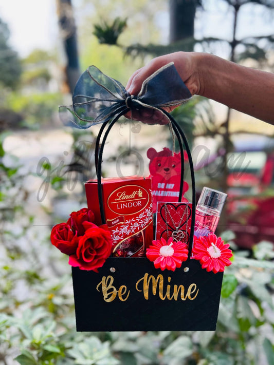 Be mine valentine gift bag with chocolates, roses and mist 