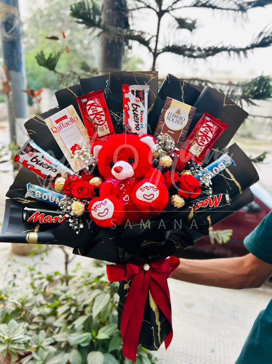 Luxury teddy bear chocolate bouquet with premium chocolates and red roses – Giftogram by Samana Karachi Pakistan