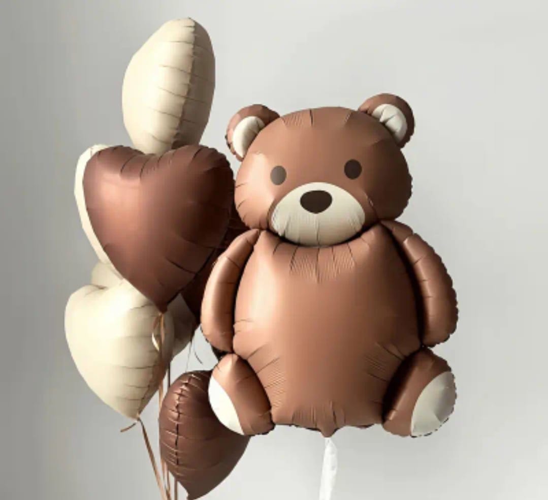 Brown teddy bear foil balloon with matching cream and brown heart balloons