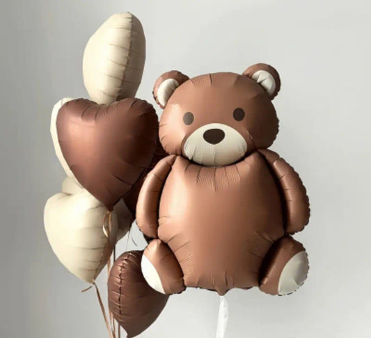 Brown teddy bear foil balloon with matching cream and brown heart balloons