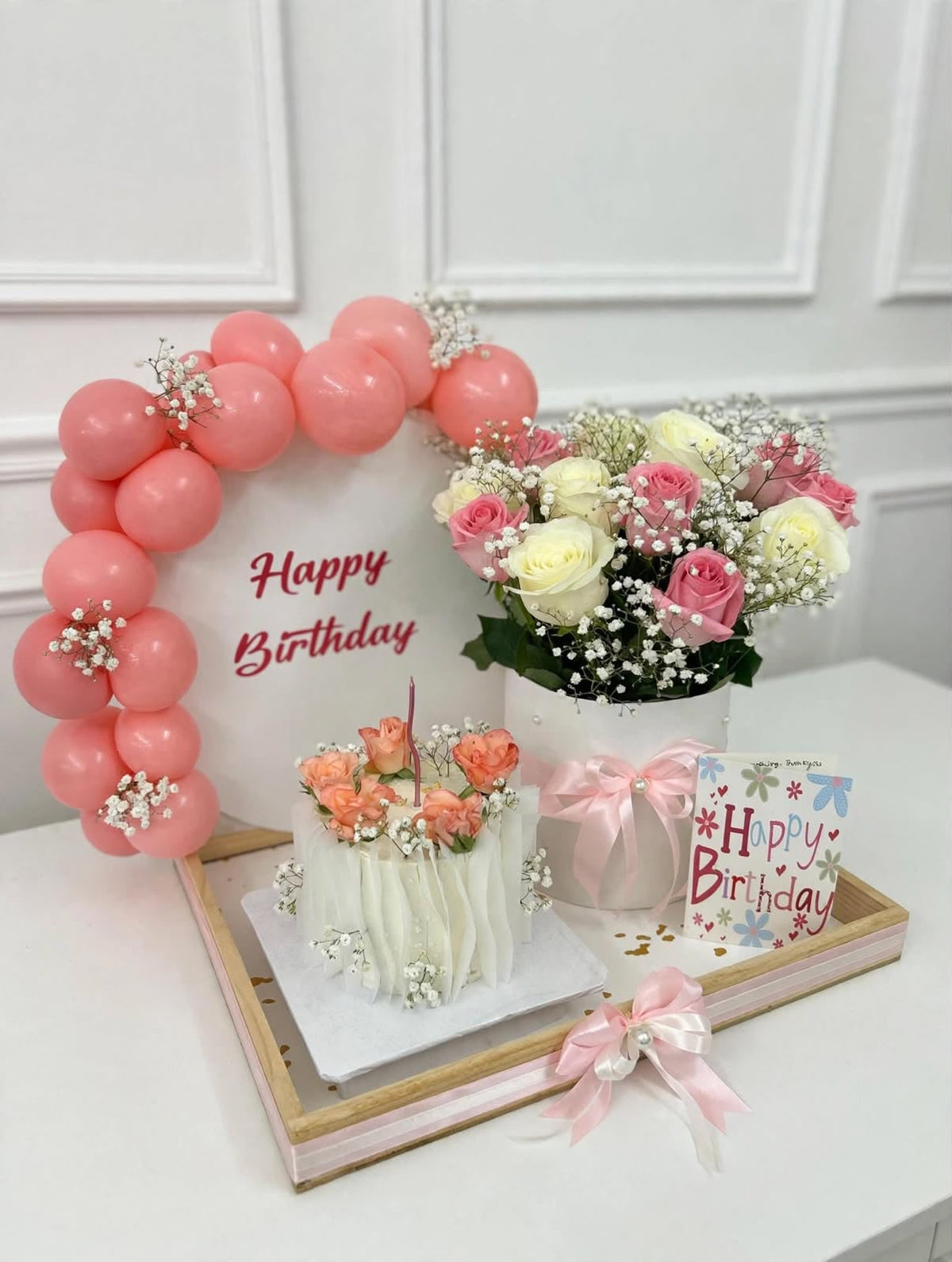 Birthday flower bouquet and cake gift tray with pink balloons