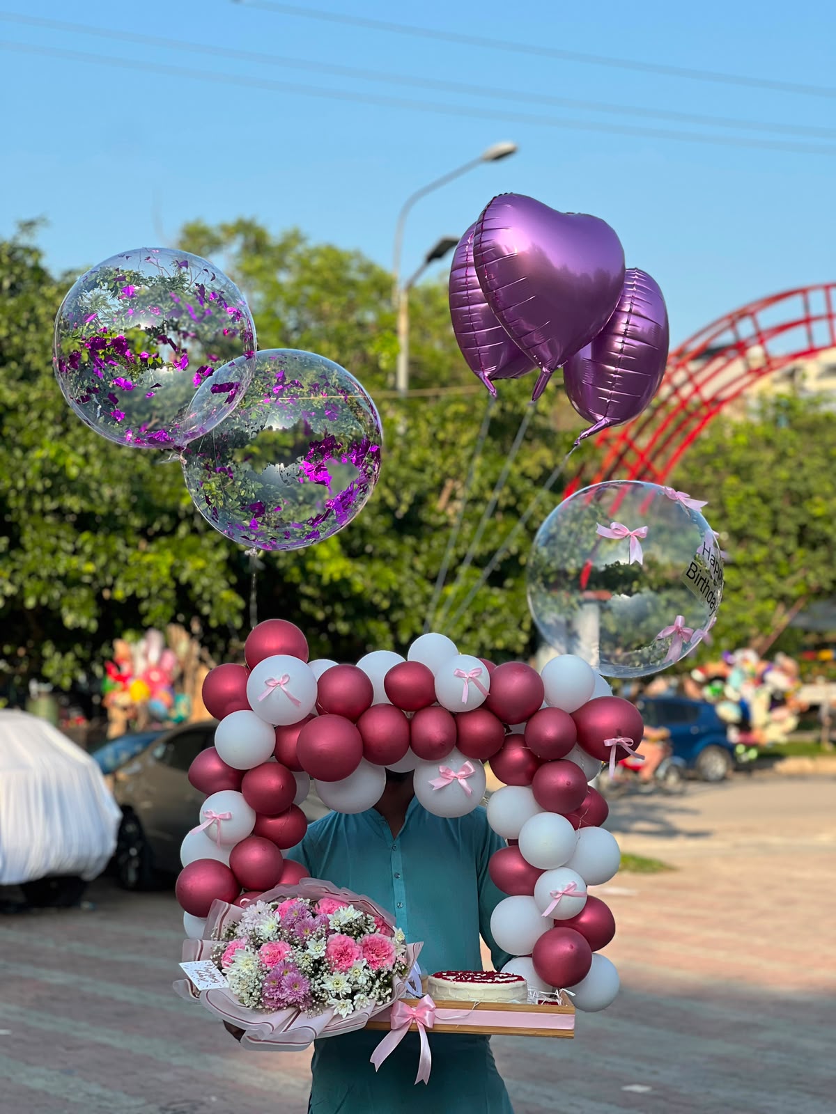 Birthday Celebration Basket with cake flowers and balloons