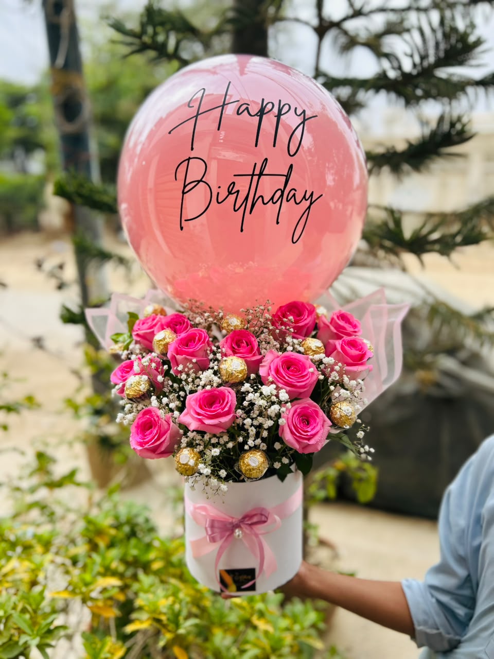 Pink birthday rose and Ferrero bouquet with Happy Birthday balloon
