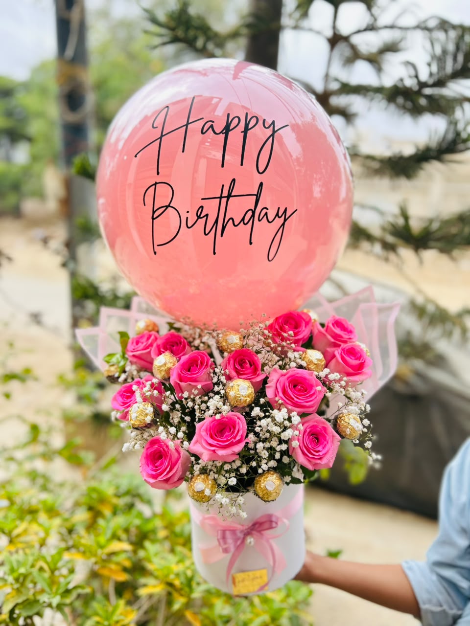 Pink birthday rose and Ferrero bouquet with Happy Birthday balloon
