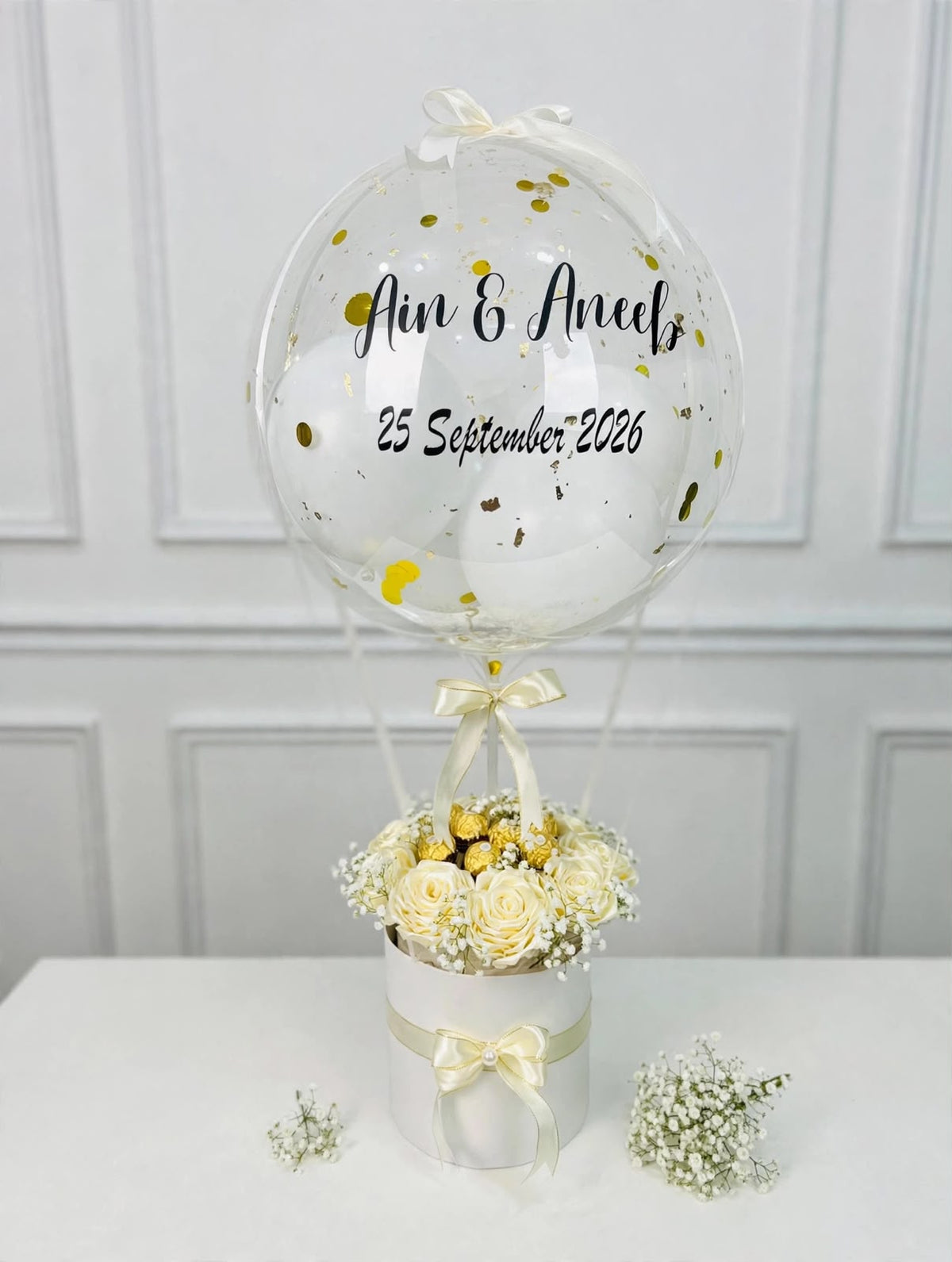 Personalized balloon with white roses and Ferrero Rocher gift box