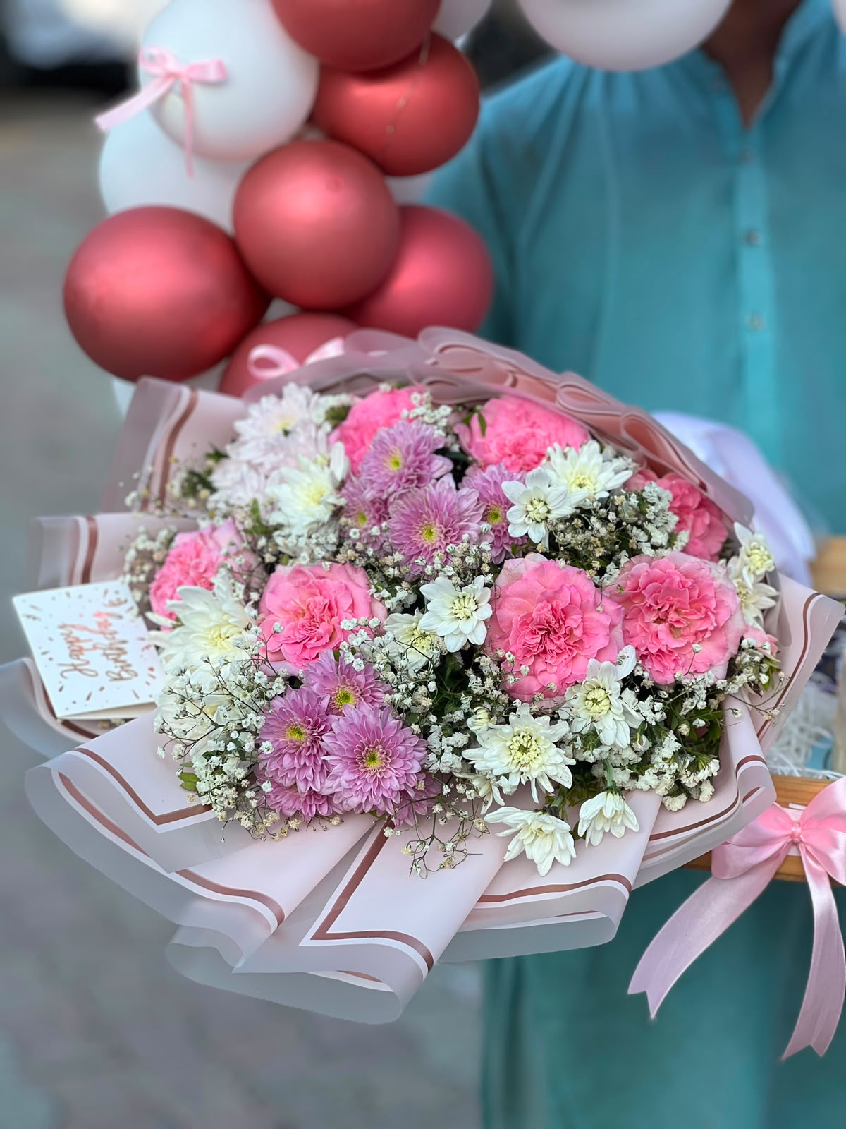Birthday Celebration Basket with cake flowers and balloons
