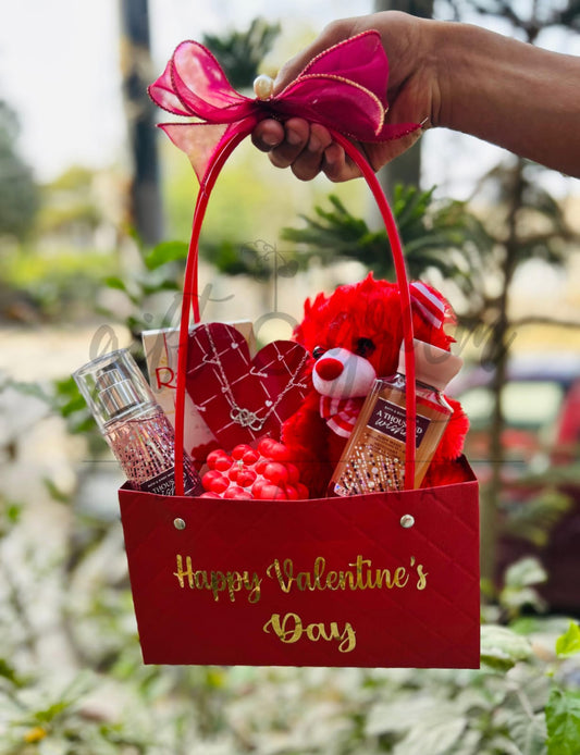 Valentine love surprise gift bag with teddy bear perfume and chocolates