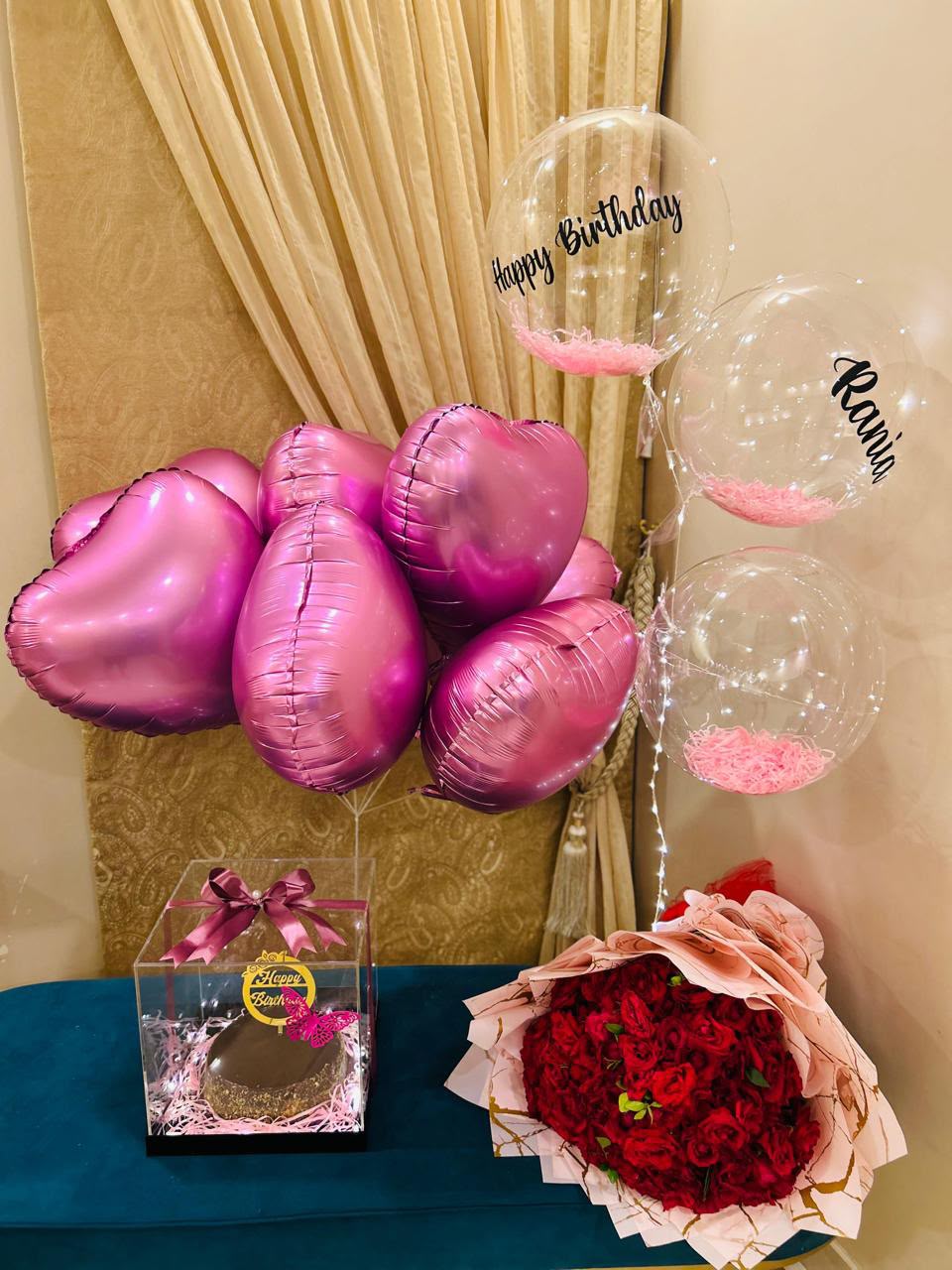Luxury Birthday Surprise Gift Set with Roses, Cake & Personalized Balloons