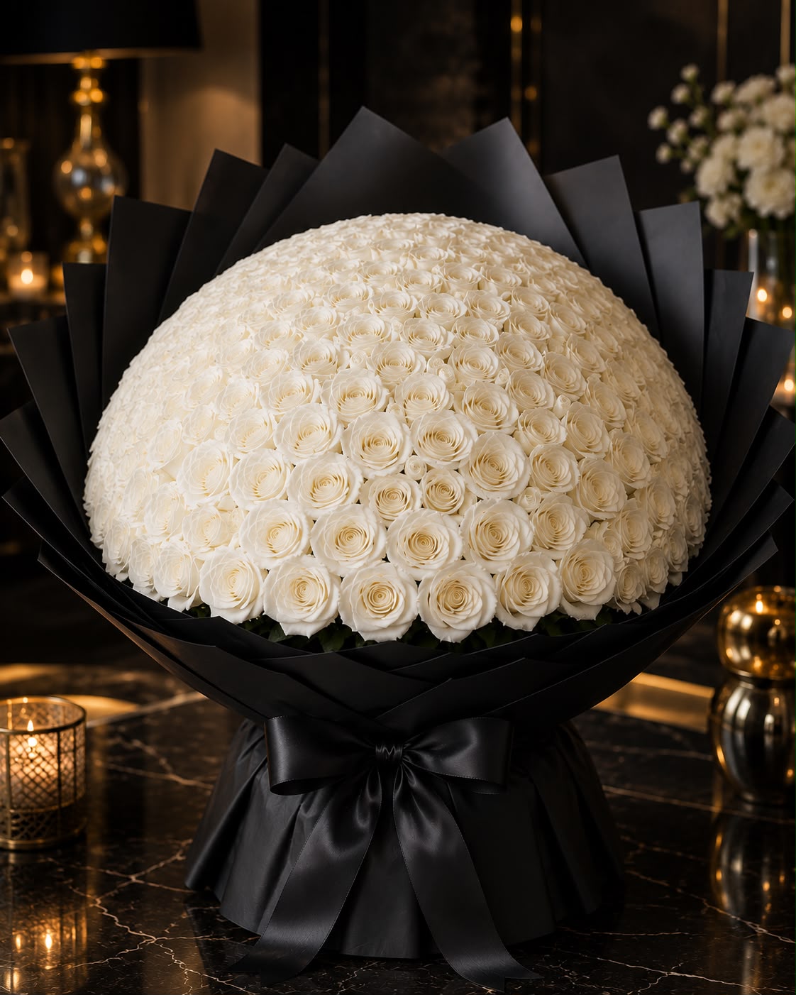 Luxury 100 White Imported Roses Bouquet wrapped in premium black paper by Giftogram By Samana with same-day flower delivery in Karachi.