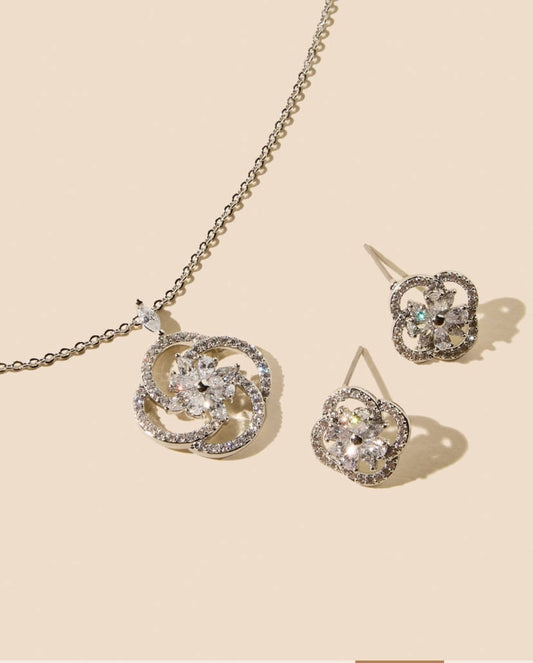MAX crystal flower knot necklace set with matching floral earrings