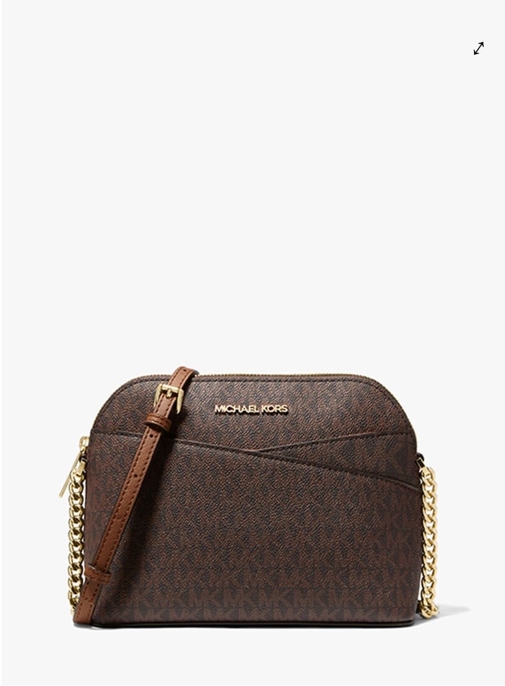 Michael Kors brown monogram crossbody bag with a gold chain strap and gold logo lettering on the front, set against a plain white background.