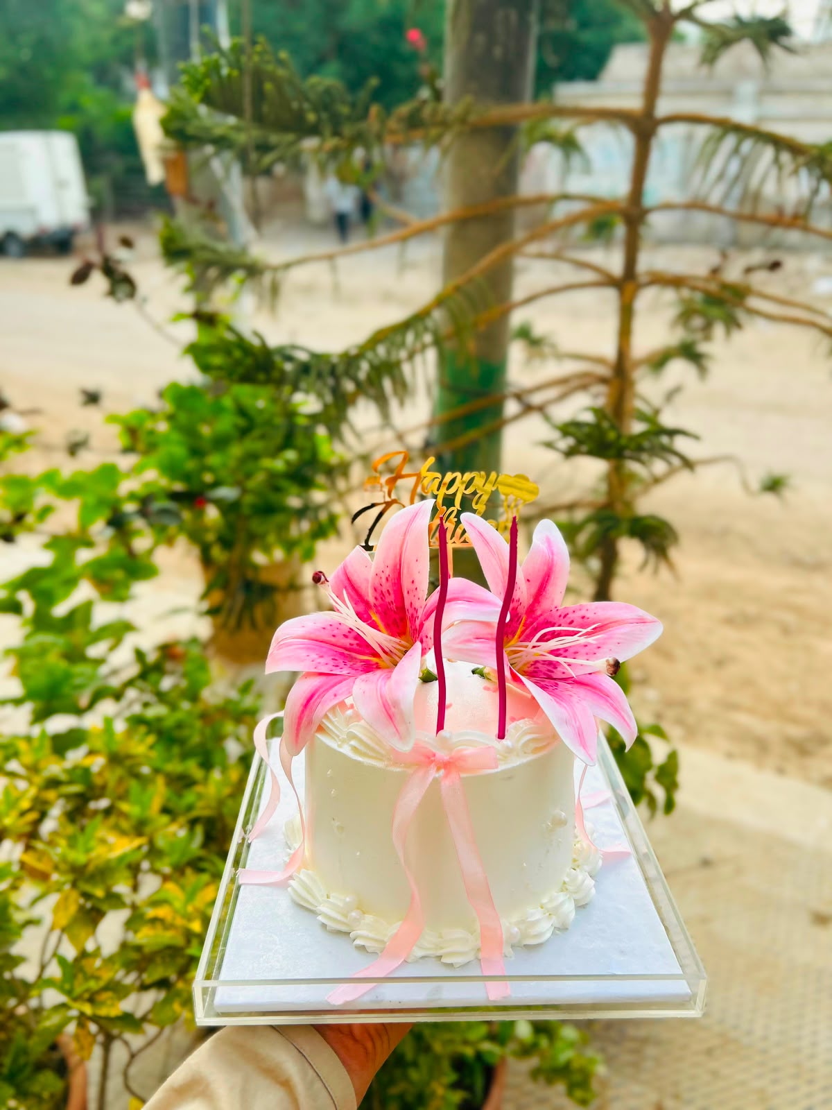 Pink Lily Birthday Cake with Happy Birthday topper