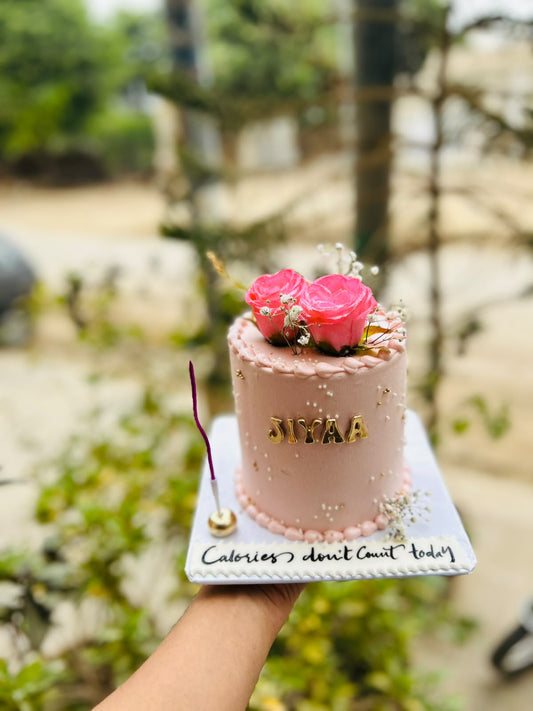 Pink rose birthday cake with Baby’s Breath and personalized name