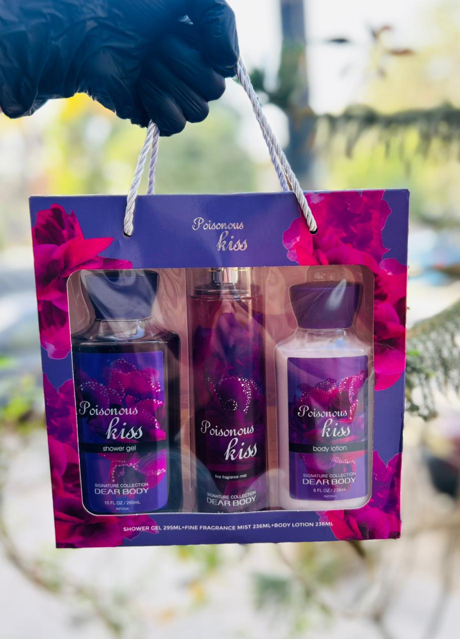 Poisonous Kiss gift set with shower gel, fragrance mist and body lotion in purple floral packaging