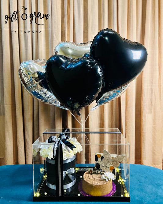 Luxury black heart balloon box gift with flowers and birthday cake