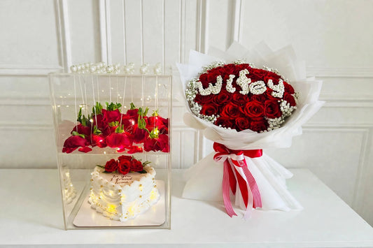 Red roses bouquet and heart shaped cake romantic gift set