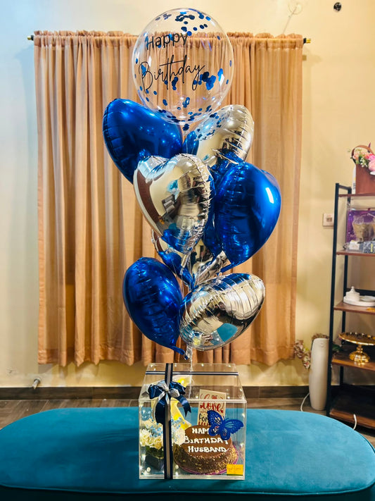 Blue and silver birthday balloon bouquet with cake gift box