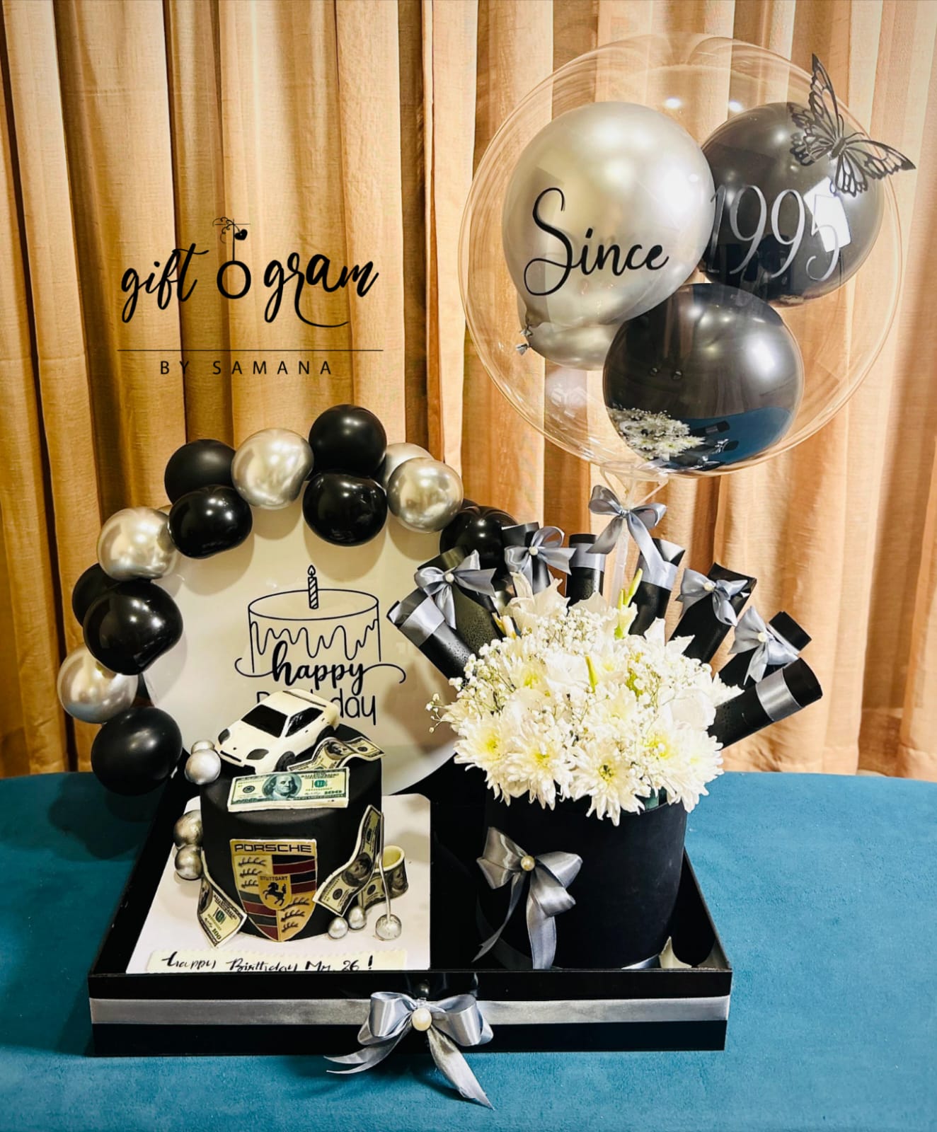 Luxury birthday tray with cake flowers and customized balloon in Karachi