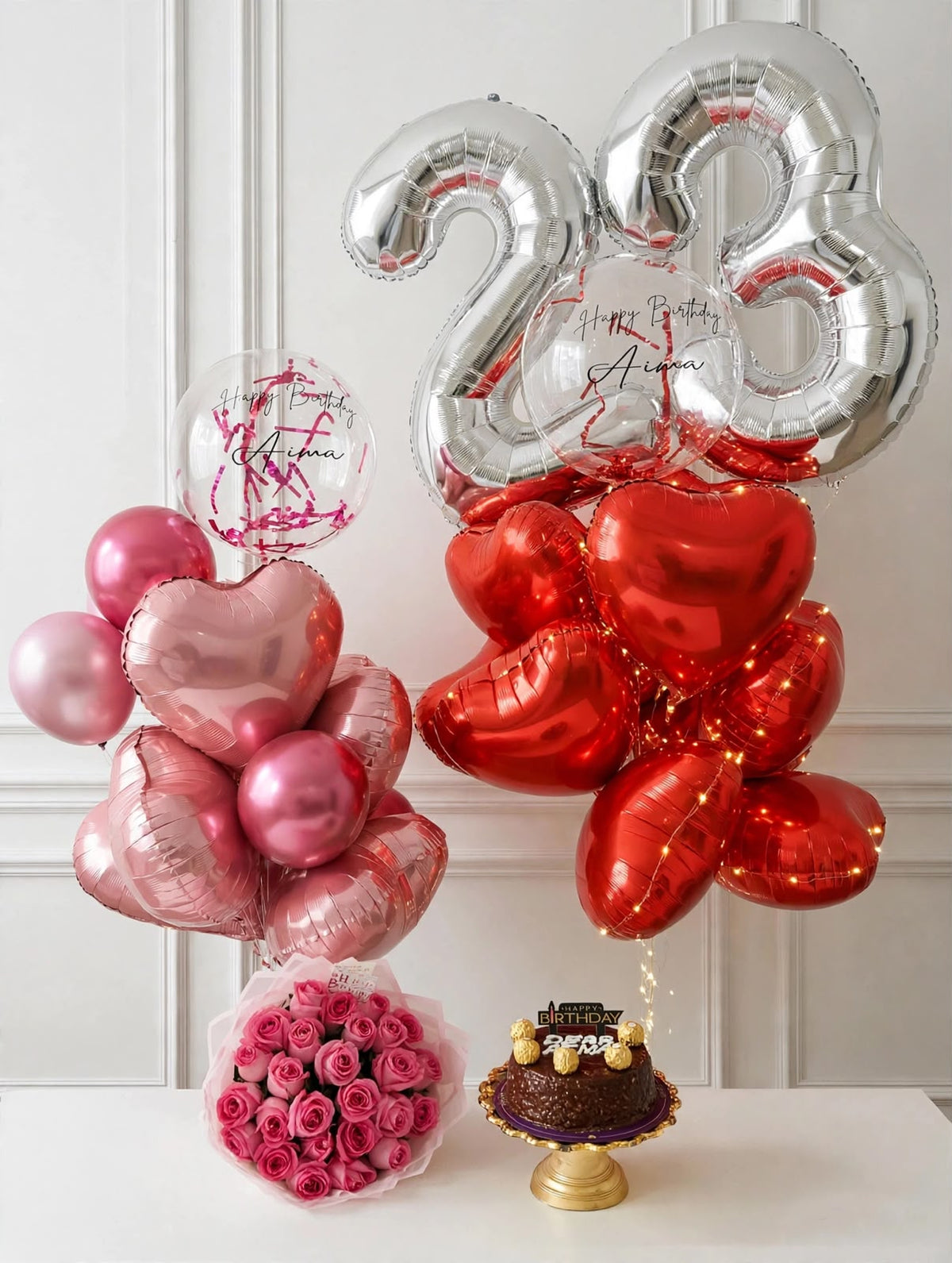 Ultimate birthday surprise with balloons roses and cake