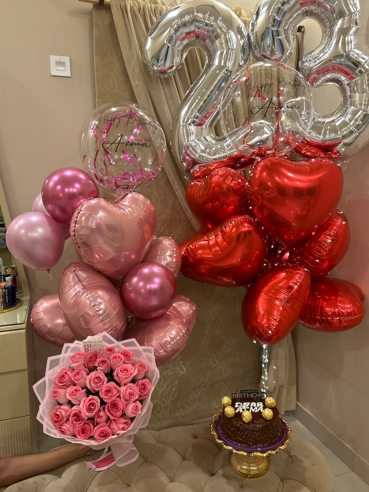 Ultimate birthday surprise with balloons roses and cake
