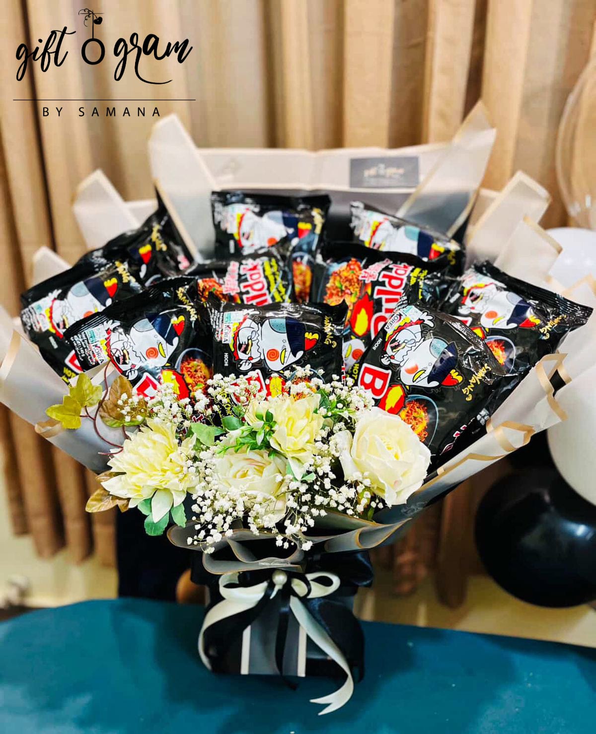 Korean Noodles Bouquet with Flowers