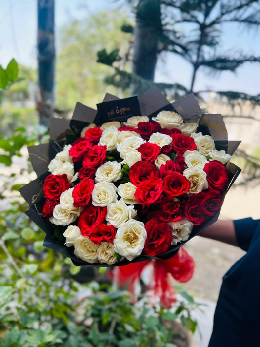 50 Red & White Roses Bouquet