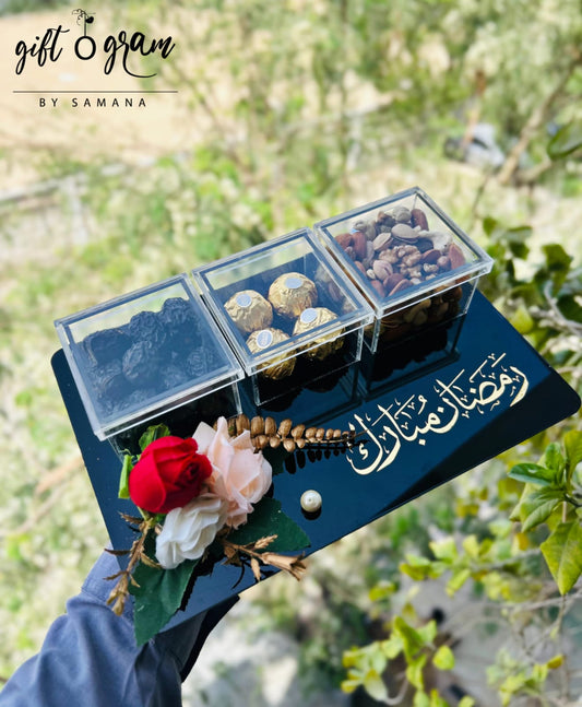 Luxury Ramadan treats gift tray with dates, dry fruits and chocolates