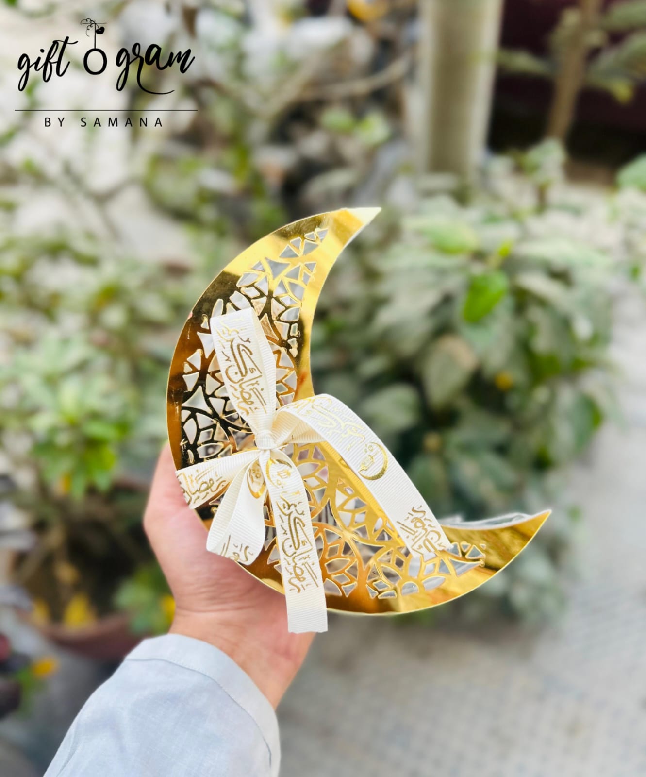 Golden crescent moon Ramadan decor gift with ribbon bow