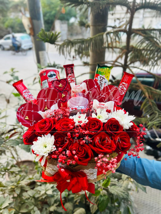 Luxury valentine chocolate and roses basket with ferrero rocher raffaello and kitkat