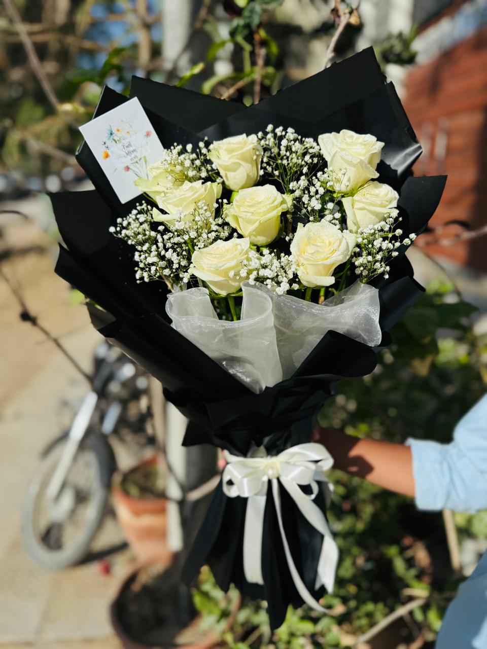 Luxury 8 Imported White Roses Bouquet with Baby's Breath