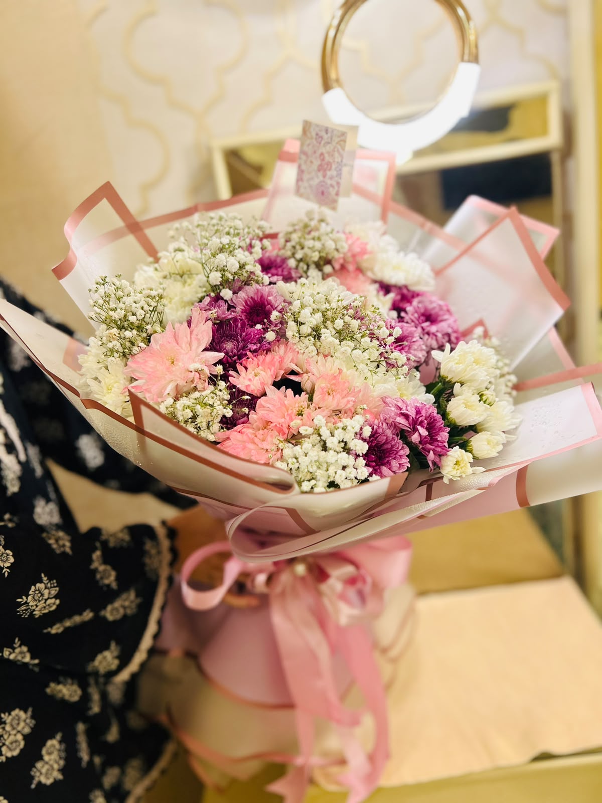Pink & White Chrysanthemum Bouquet with Baby's Breath