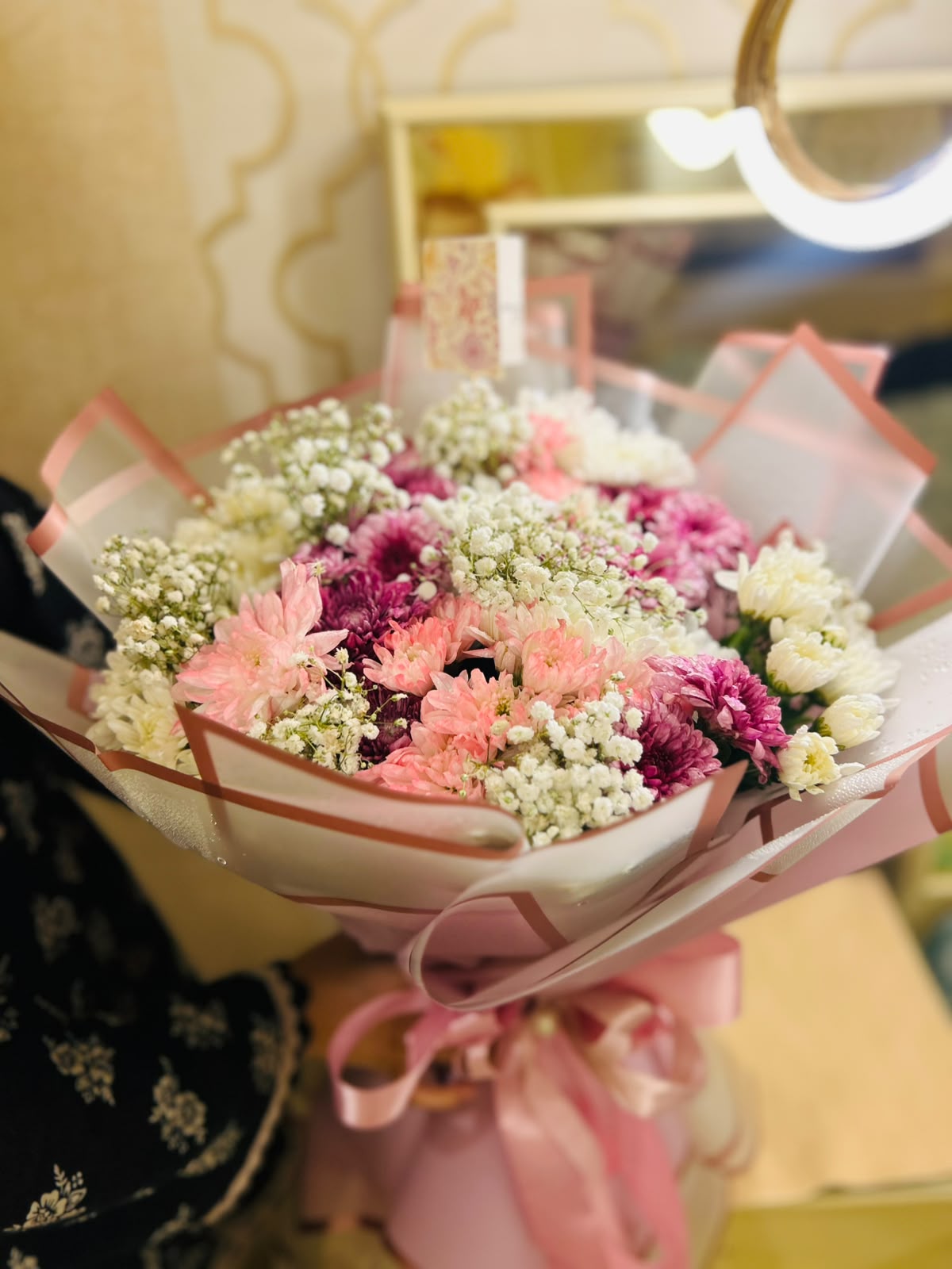 Pink & White Chrysanthemum Bouquet with Baby's Breath