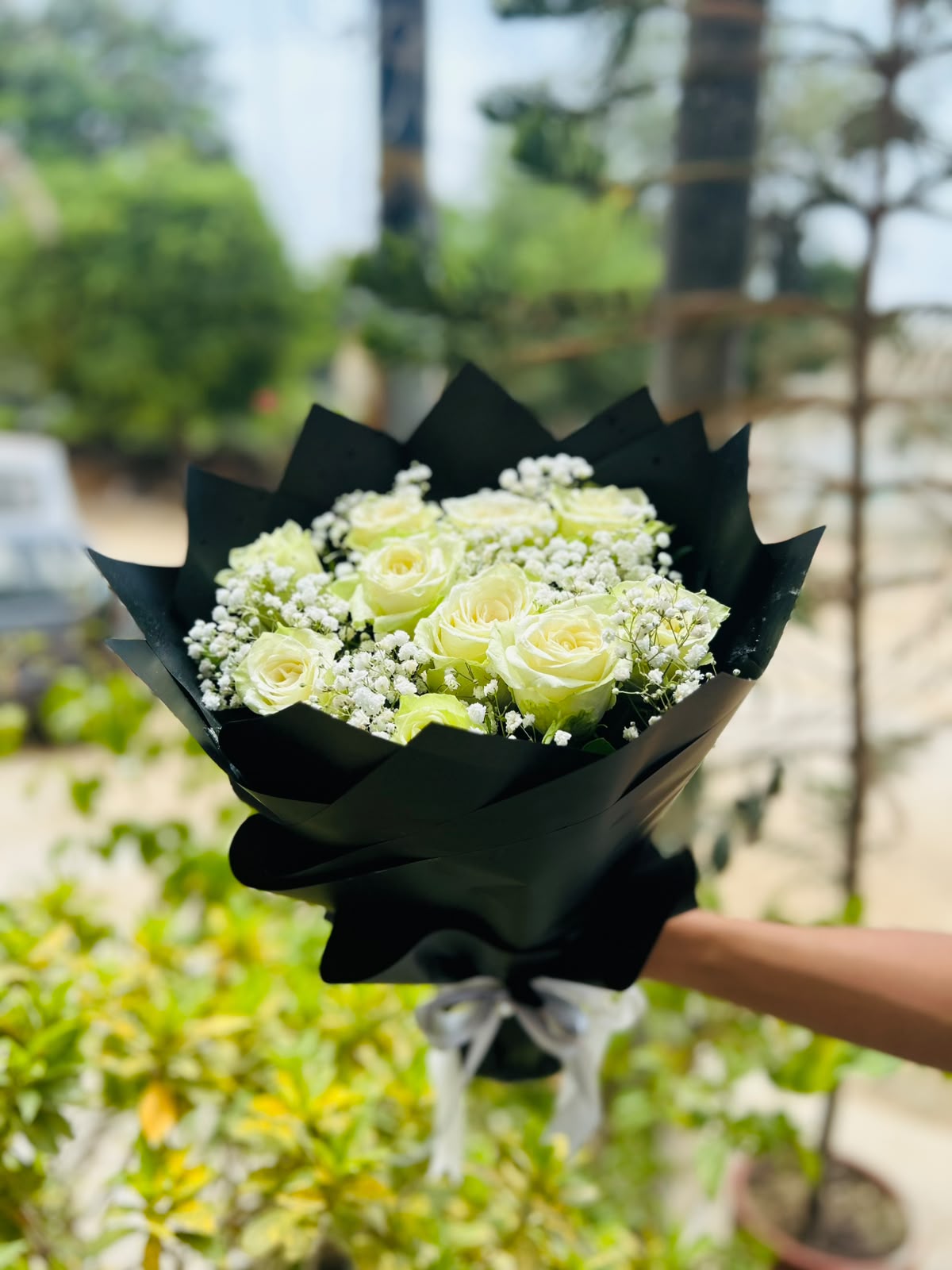 White Imported Roses Bouquet with Baby's Breath