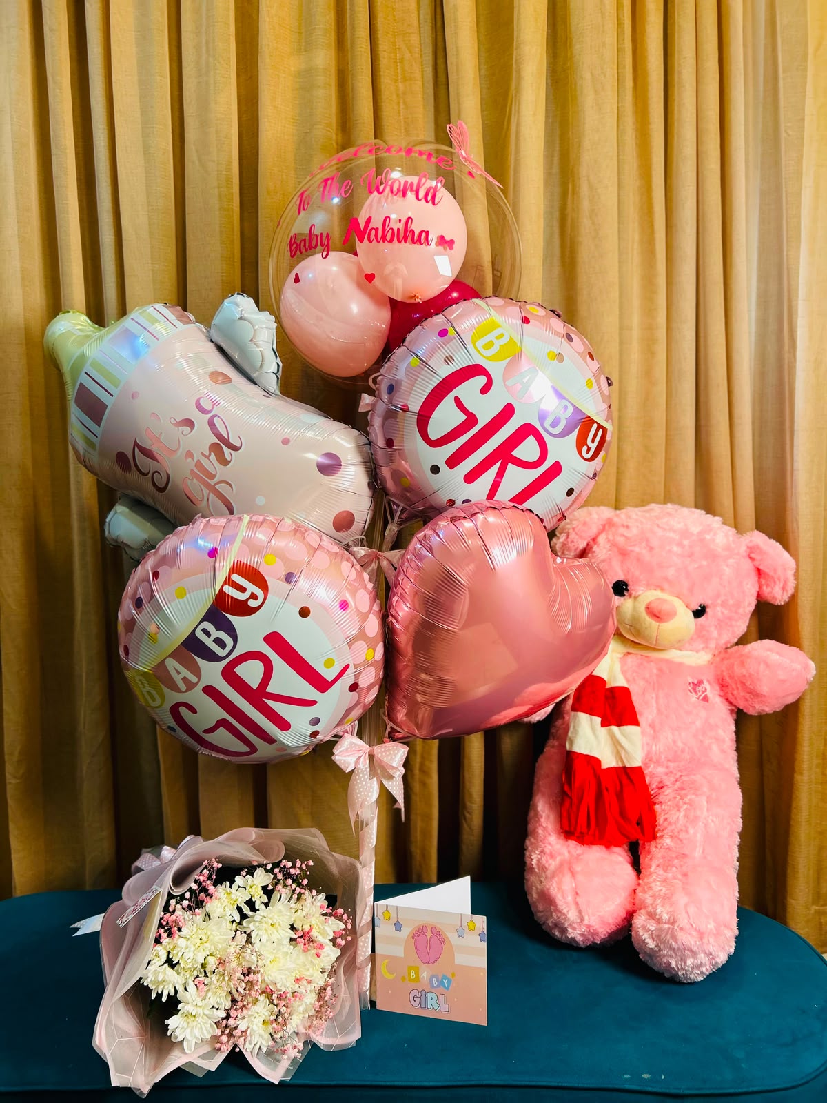 Baby Girl Welcome Gift Set with Balloons, Flowers & Teddy